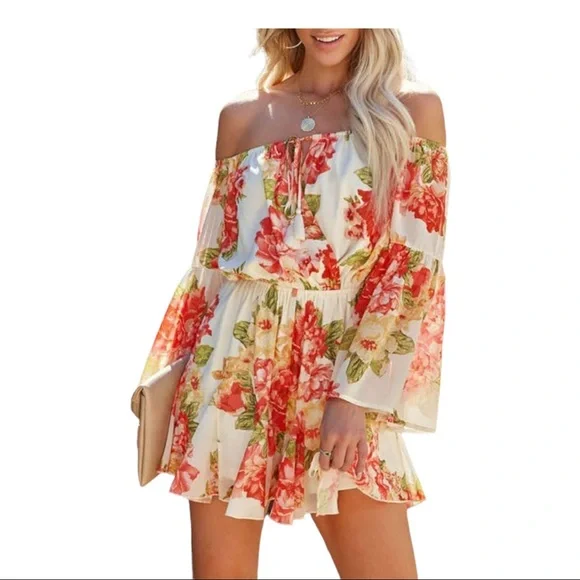 Boho Floral Print Off Romper - Picture 4 of 6